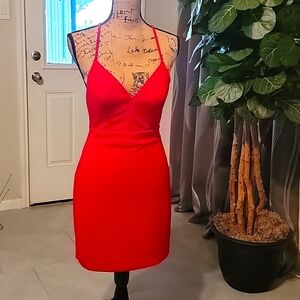 Red spaghetti strap, lace back party dress. Size 7. City Triangles.
